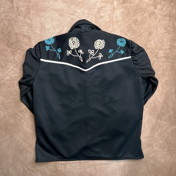 Vintage 70s Floral Embroidered Polyester Western Shirt Black Pearl Snap Cowboy - Picture 2 of 7